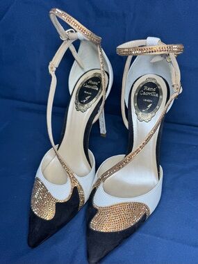René Caovilla White Black Gold Rhinestone Ankle Strap Stiletto
Pointed Toe Heels
